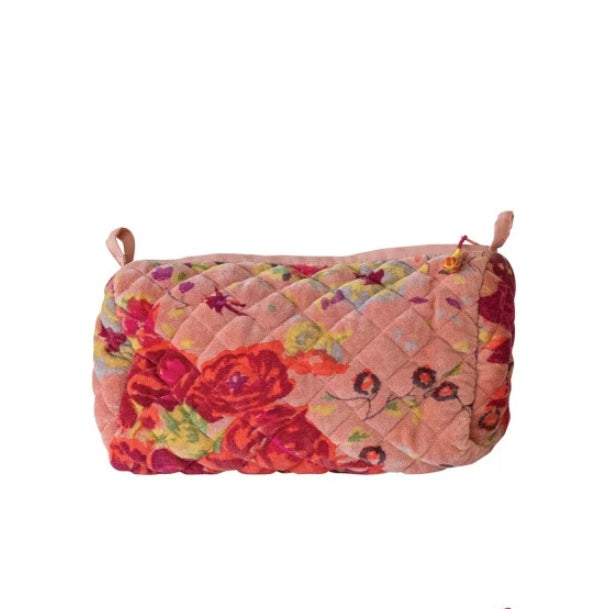 Salmon w/ Red & Pink Flowers Cotton Velvet Zippered Pouch