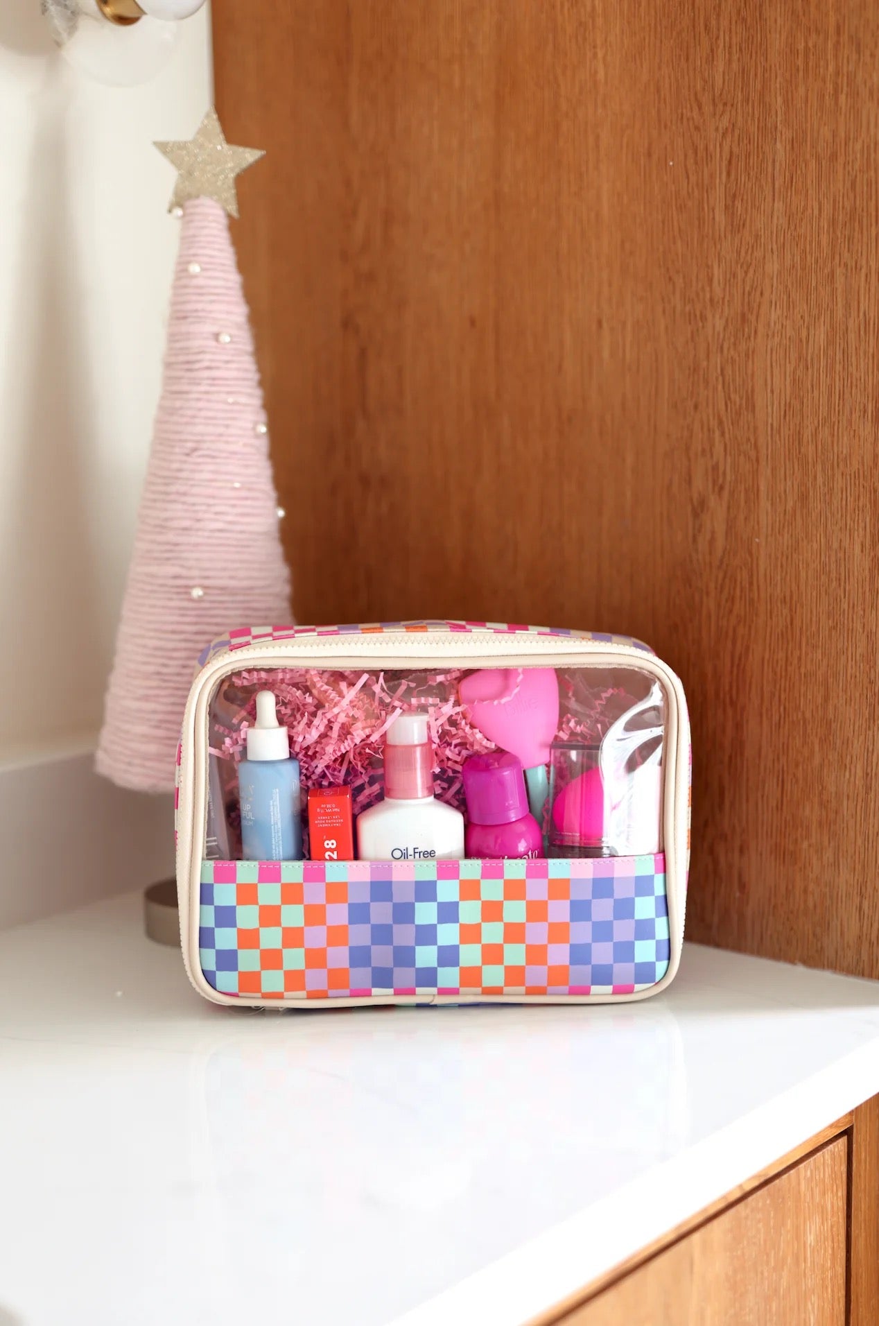 Happy Checkered Cosmetic Bag