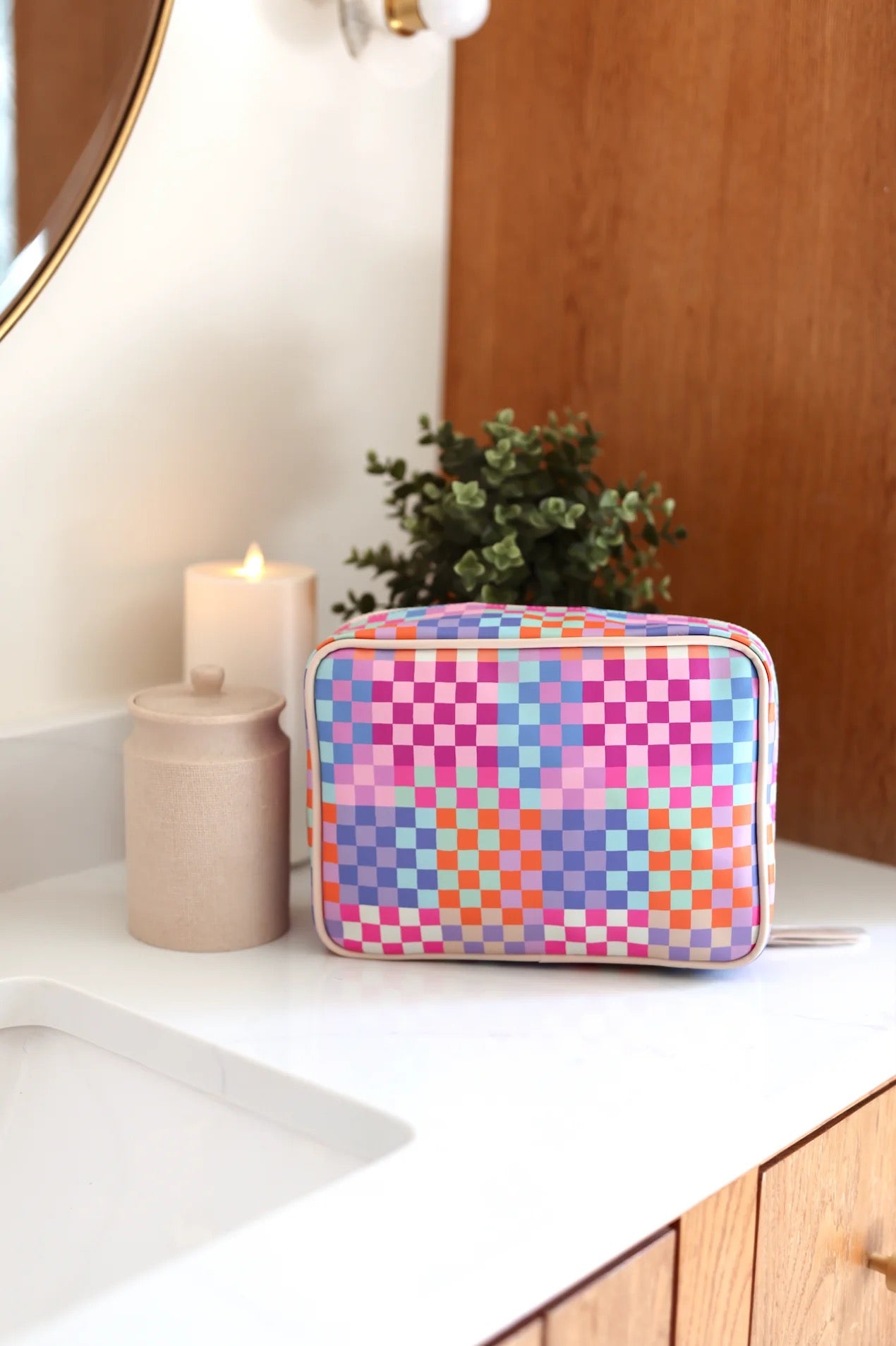 Happy Checkered Cosmetic Bag