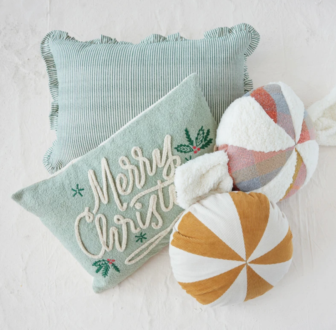Green Cotton Striped Lumbar Pillow