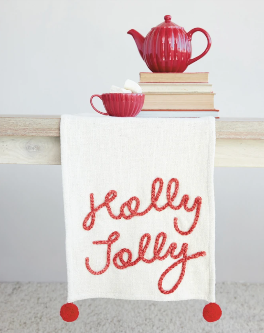 Holly Jolly Table Runner with Pom Poms and Embroidery