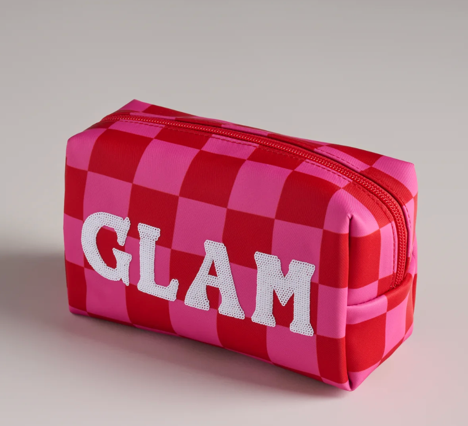 CARA CHECKERED "GLAM" ZIP POUCH,PINK