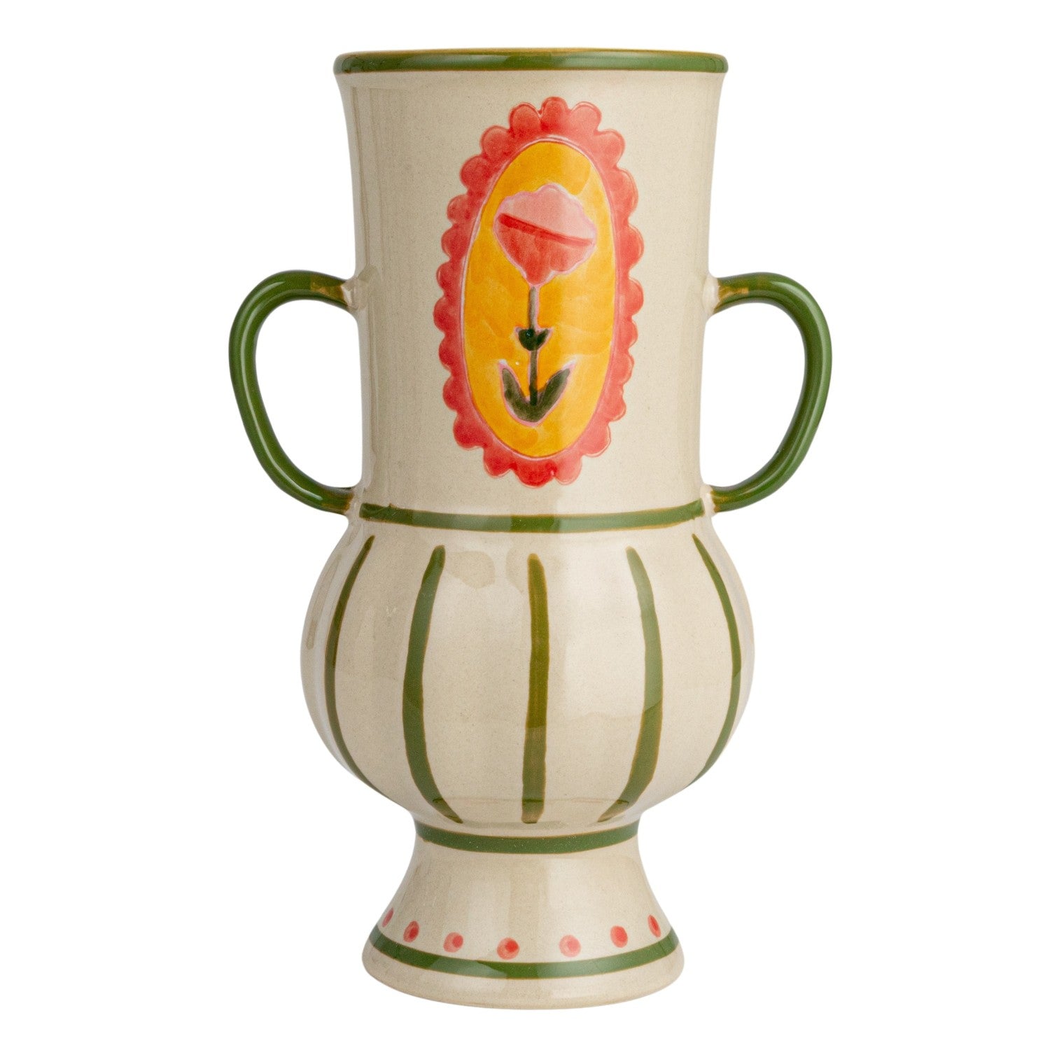 Hand-Painted Stoneware Urn w/ Flower, Stripes & Handles