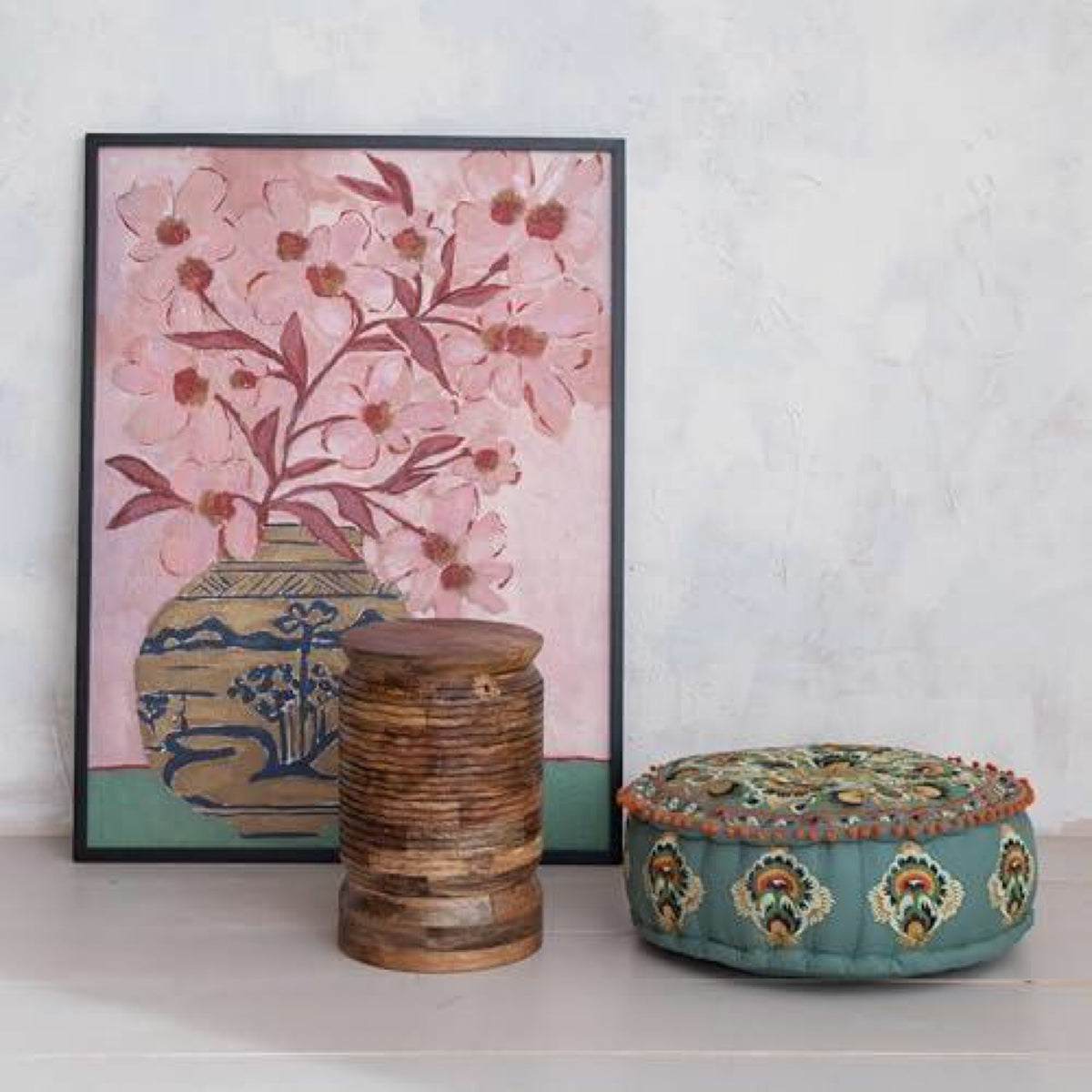 Wood and Glass Framed Wall Decor w Floral Vase