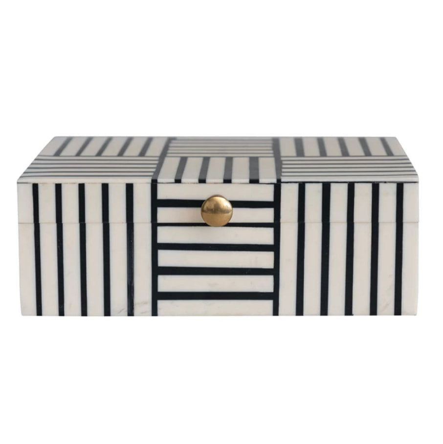 Resin B & W Stripe Block Pattern Box W Gold Knob