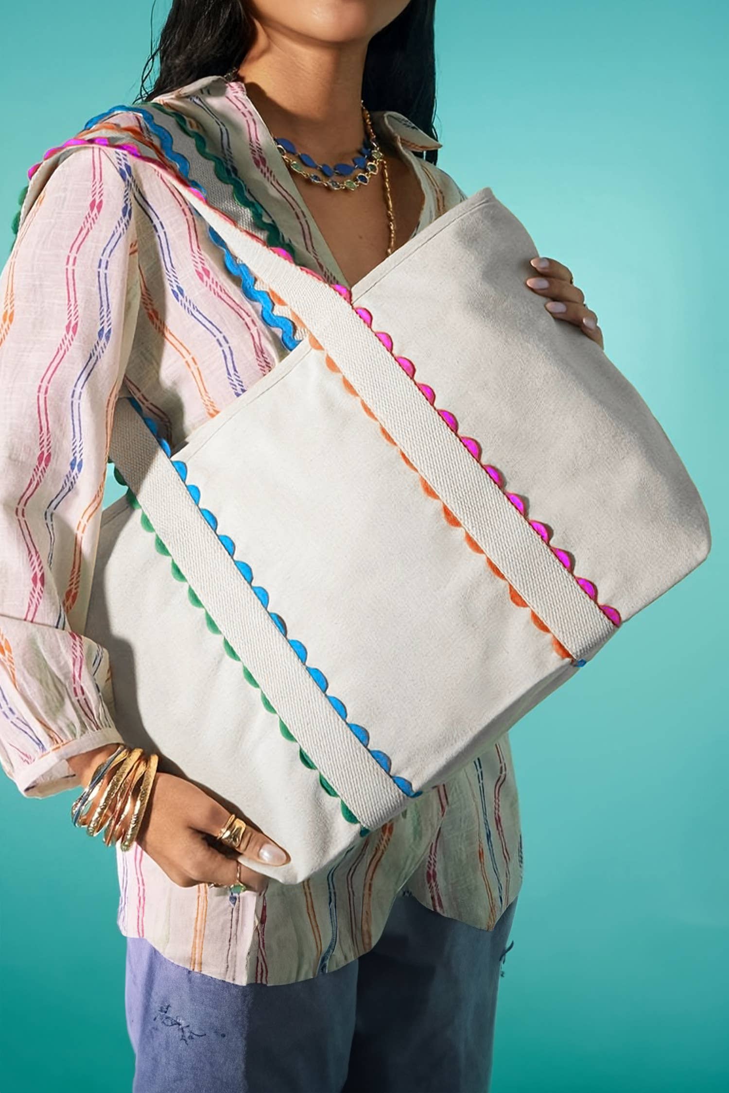 LDC Colorful Ricrac Detail Canvas Tote Bag