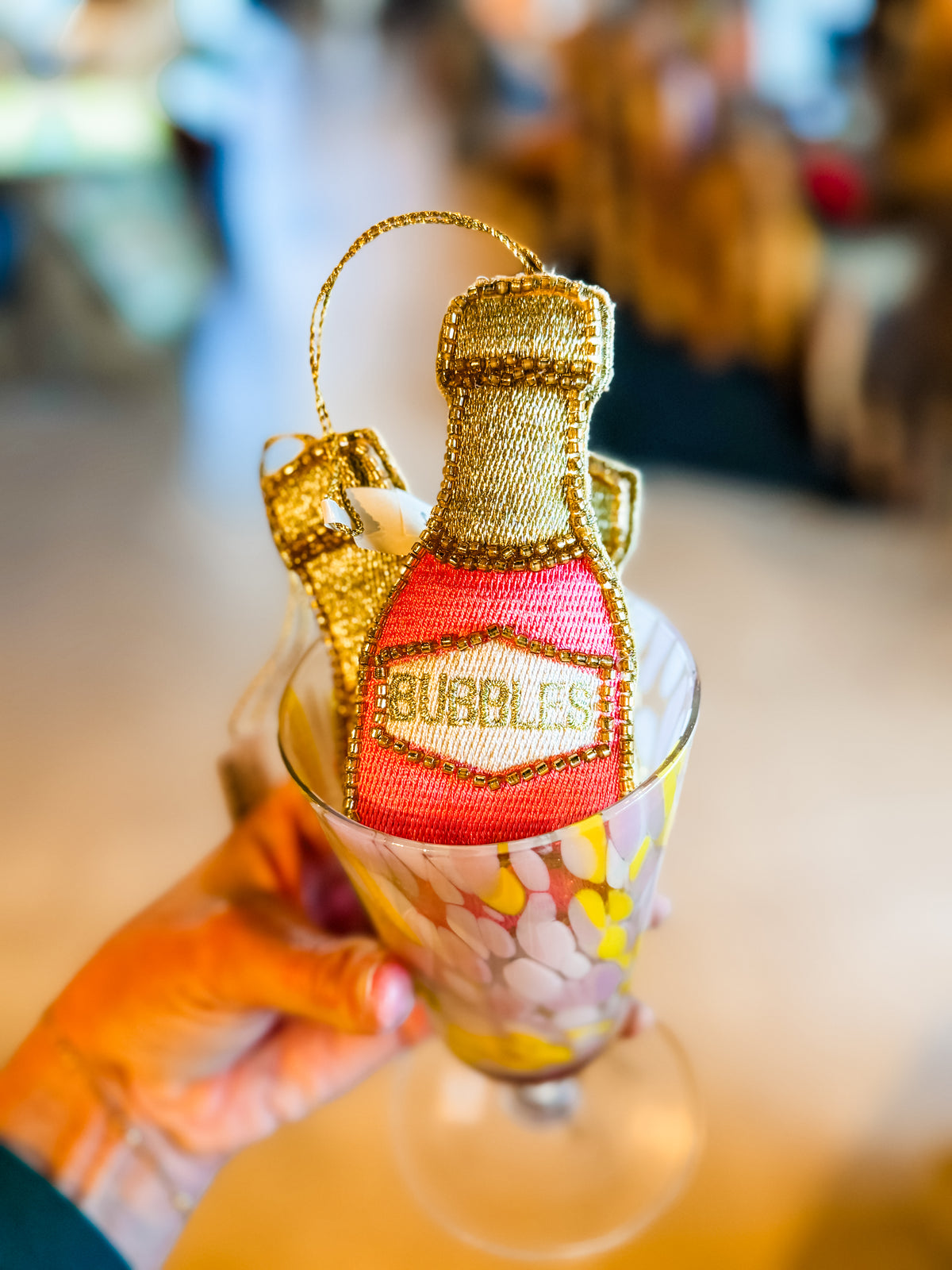 Champagne Bottle Ornament w/Embroidery & Beads Bubbles