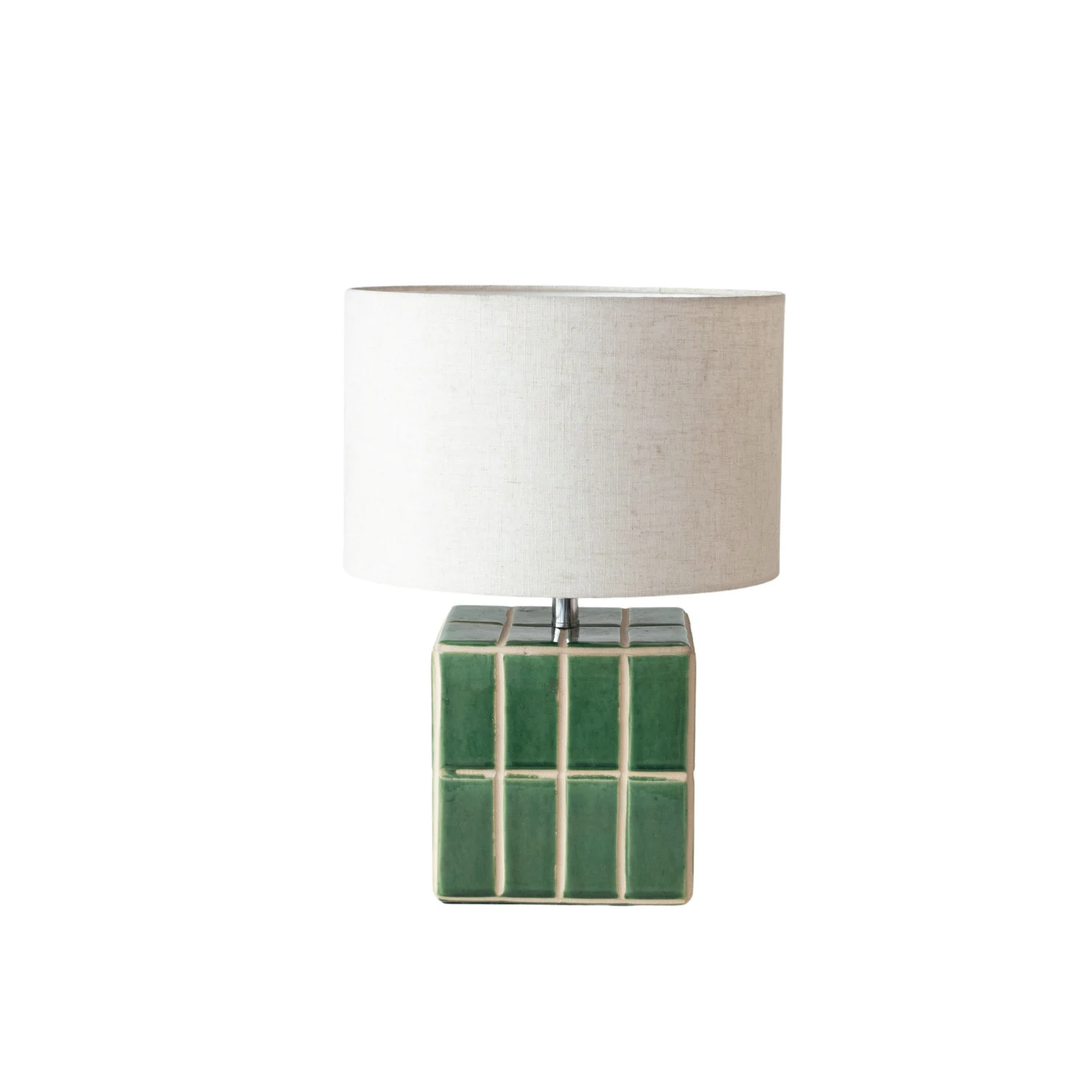 Green Ceramic Tiled Cubed Table Lamp w/ Linen Shade