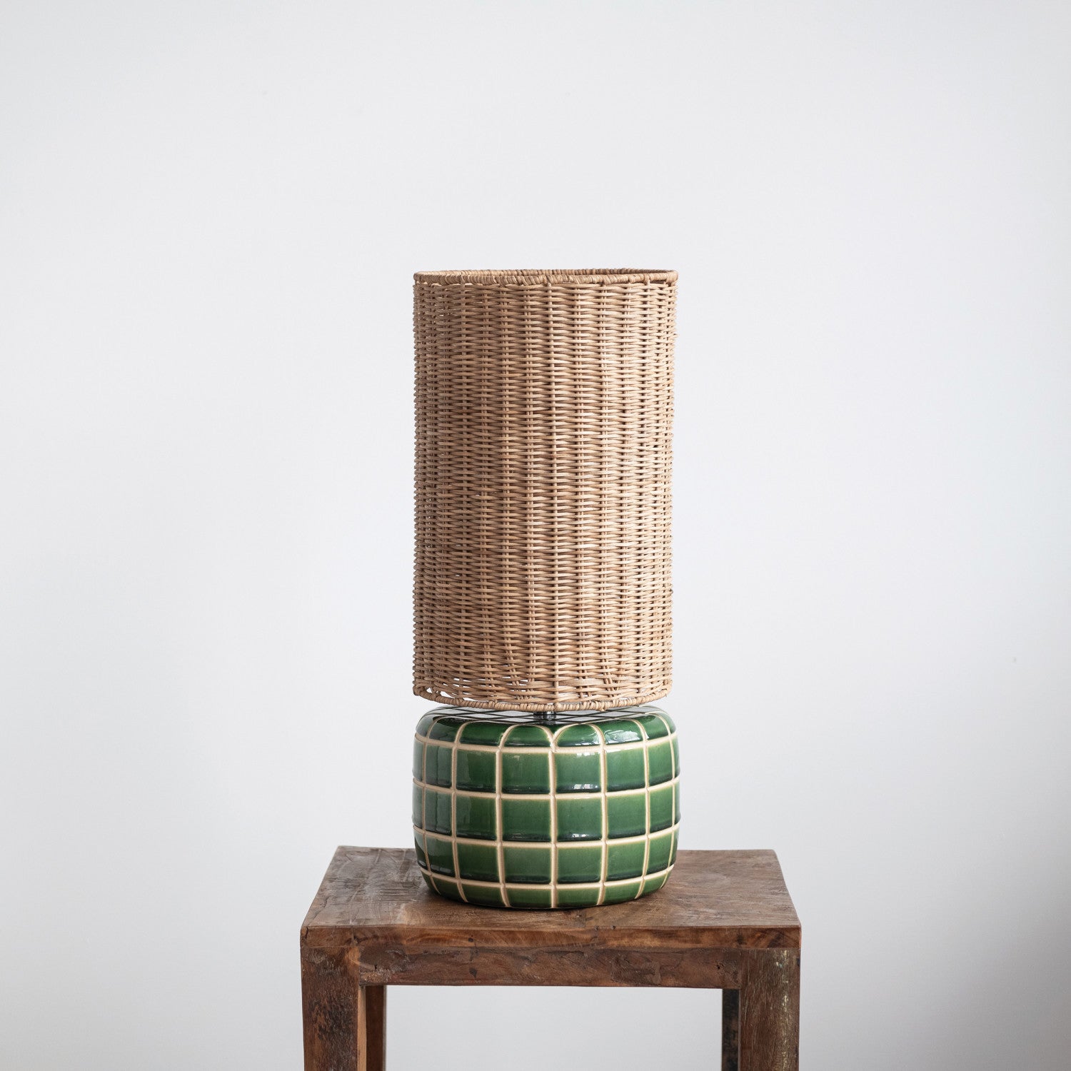 Green Ceramic Tiled Lamp W Rattan Shade