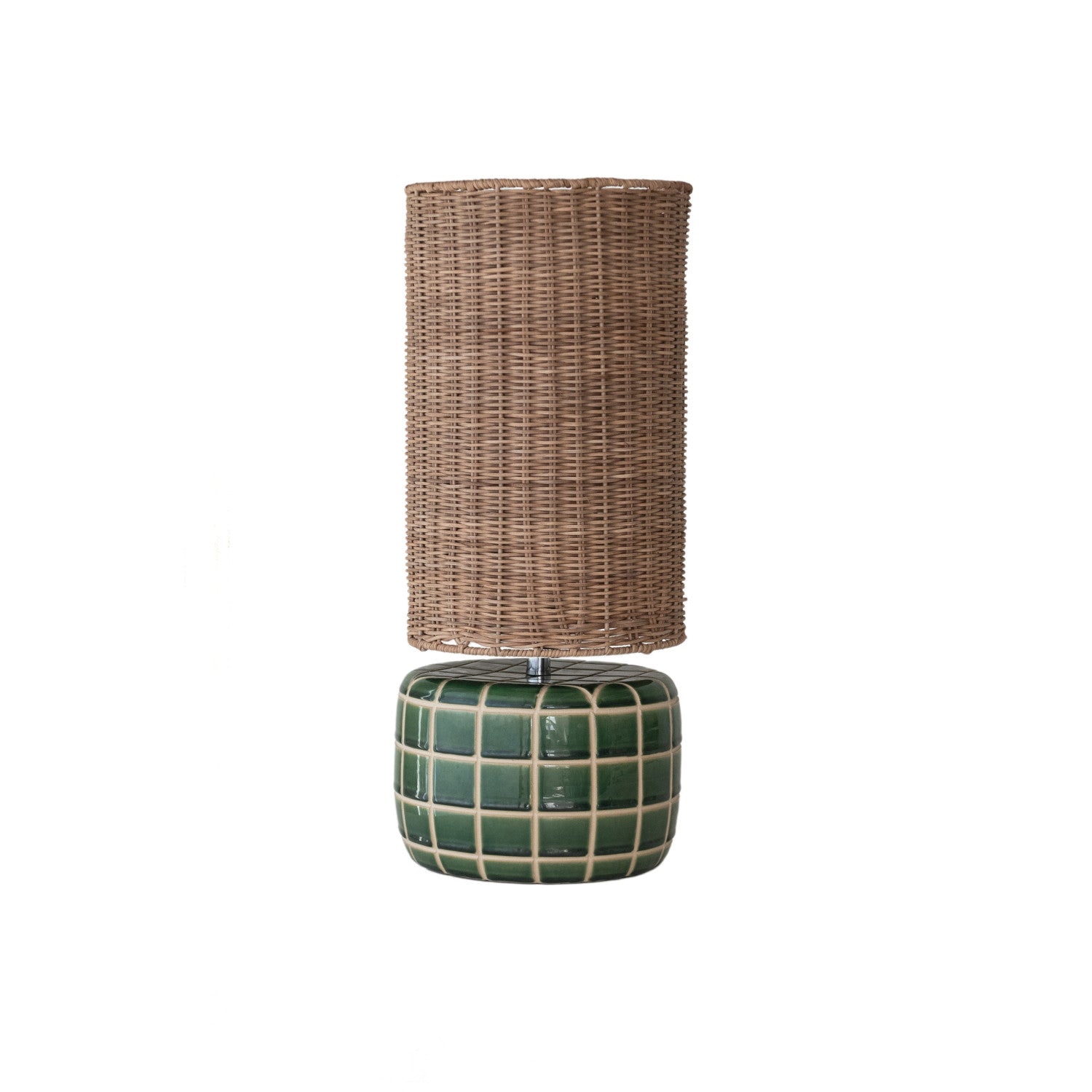 Green Ceramic Tiled Lamp W Rattan Shade