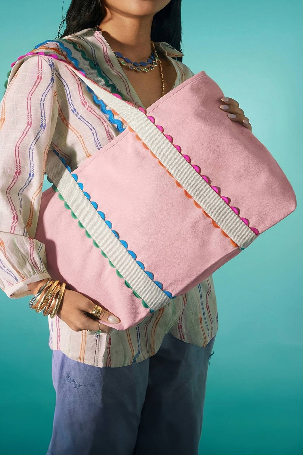 LDC Colorful Ricrac Detail Canvas Tote Bag