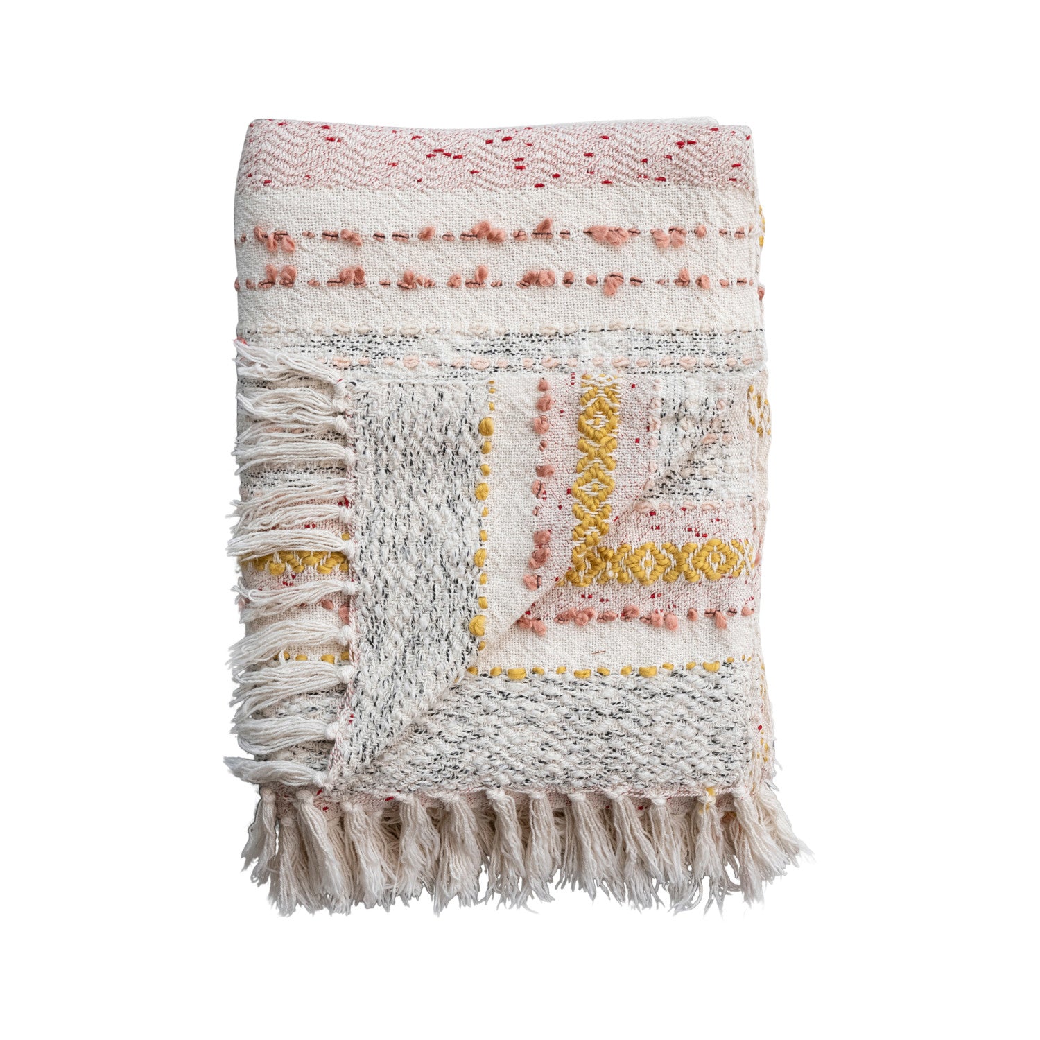 Woven Striped and Embroidered Cotton Throw Blanket