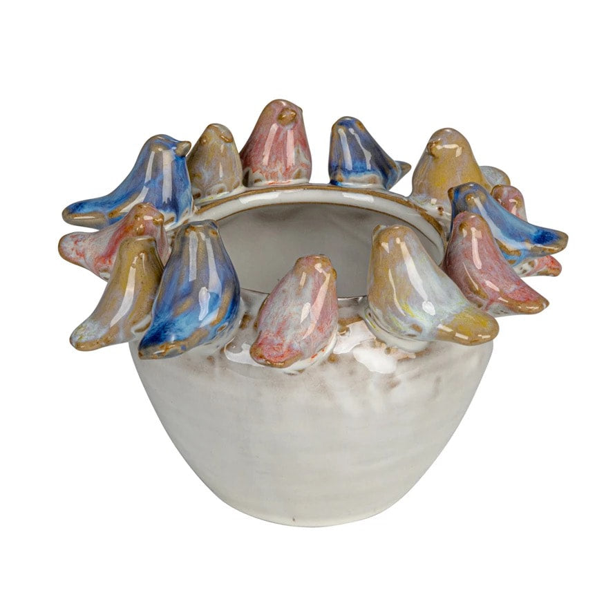 White Planter W Birds