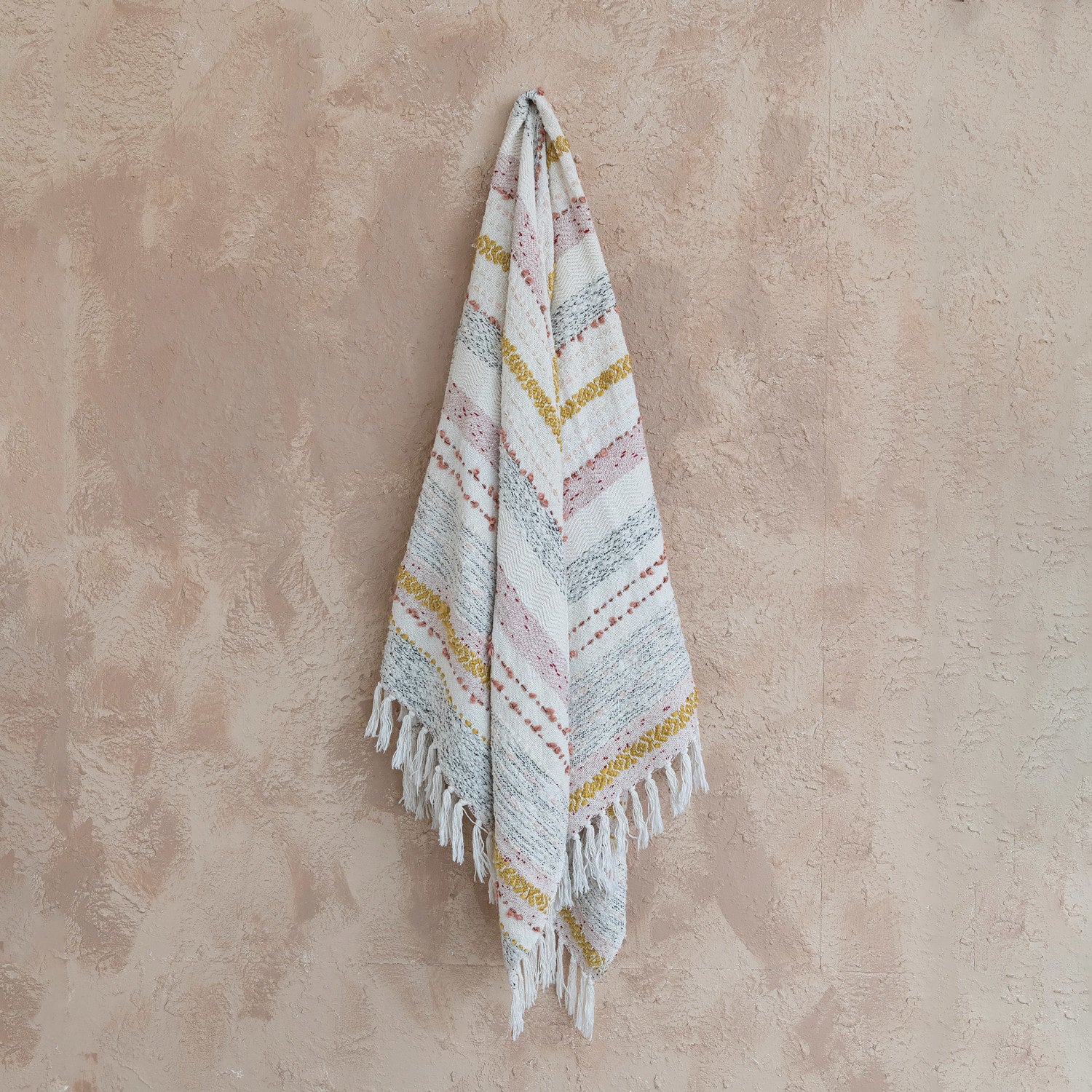 Woven Striped and Embroidered Cotton Throw Blanket